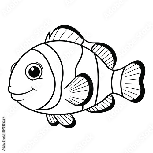 Black and white cartoon fish illustration with fins and tail swimming left  simple drawing icon