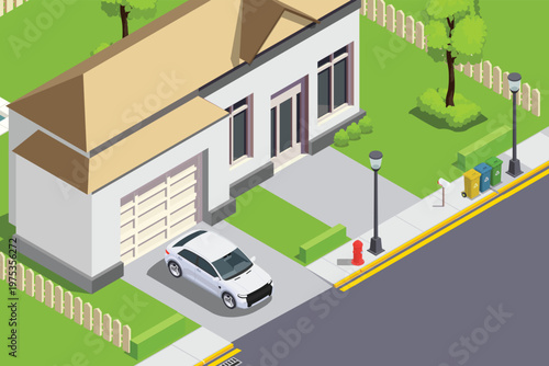 High-quality isometric vector illustration of a contemporary suburban home