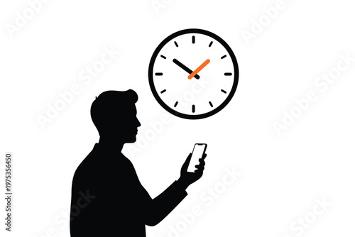 Man checking phone, clock in background, time management concept, productivity icon, vector illustration
