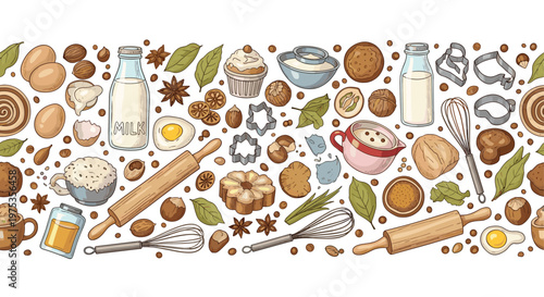 Baking ingredients and kitchen tools border with flour, eggs, milk, and rolling pins for recipe books, bakery menus, and cooking blog headers.