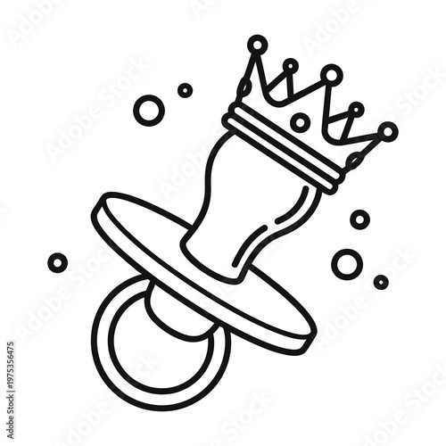 Black and white line drawing of a pacifier with a crown on it surrounded by bubbles icon