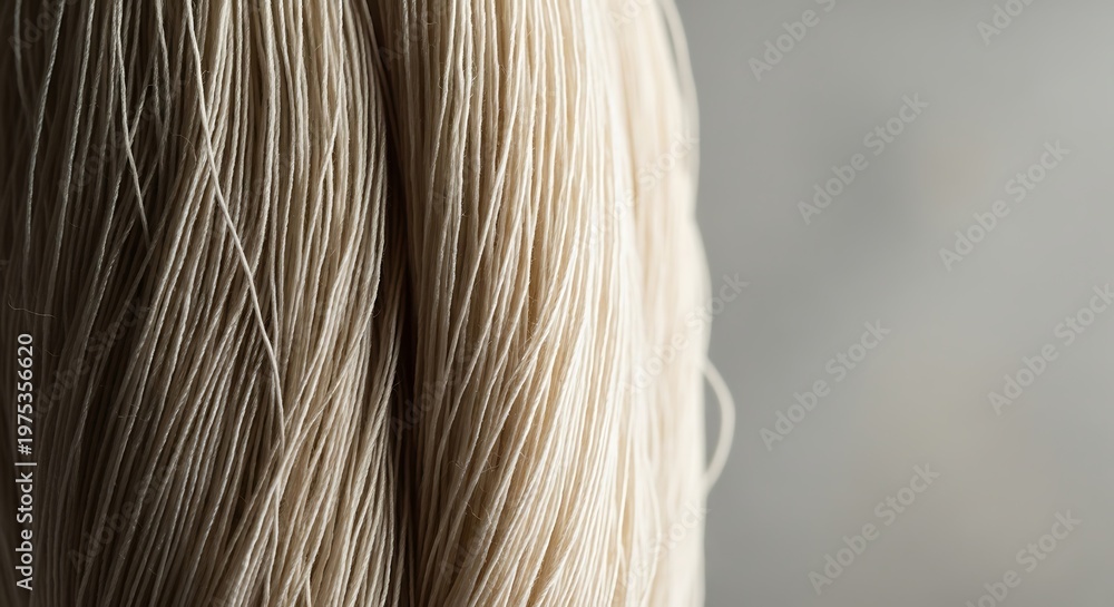 Naklejka premium Close up of natural beige linen threads bundled together creating a soft textured background for crafts and textiles
