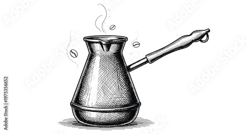 Traditional turkish coffee pot with steam and beans hand-drawn sketch for cafe signage, morning ritual themes, and mediterranean beverage art.