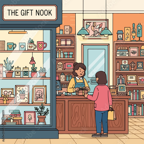 A cartoon depicting a gift shop scene with a clerk and customer