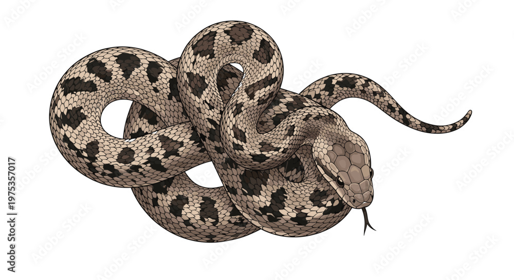Obraz premium Coiled spotted snake hand-drawn engraving style illustration for wildlife nature education, reptile biology, and jungle wilderness themes.