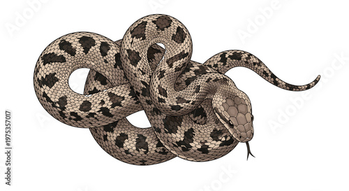 Coiled spotted snake hand-drawn engraving style illustration for wildlife nature education, reptile biology, and jungle wilderness themes.
