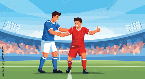 Two football players shaking hands with stadium background, thumbs up