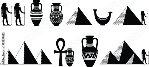 Ancient Egypt silhouette vector collection featuring pyramids great sphinx ankh symbol pharaoh figures and decorative antique clay vases isolated on a plain white background.