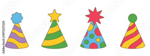 Birthday cone set, party hats in bright colors with black outline, vector decorative elements for celebrations