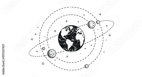 Stylized stipple art illustration of planet earth surrounded by orbiting moon and stars in a vintage celestial space diagram.