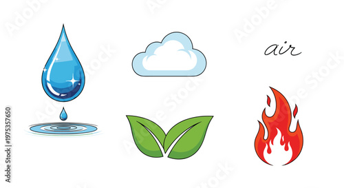 Set of colorful icons representing the four classical elements of nature including a water drop, cloud for air, green leaves for earth, and fire.