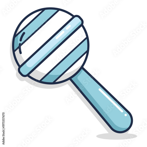 Colorful cartoon baby rattle toy with blue and white stripes icon