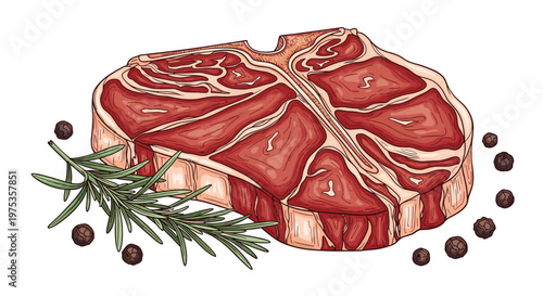 Juicy raw T-bone steak seasoned with fresh rosemary sprigs and black peppercorns for a gourmet meat preparation concept in sketch style.