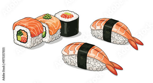 Assorted collection of fresh sushi including salmon rolls, shrimp nigiri, and maki rolls presented as a colorful Japanese cuisine set.