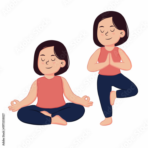 Young Woman Yoga Pose Set - Meditation Lotus and Tree Pose Cute Cartoon Vector Illustration