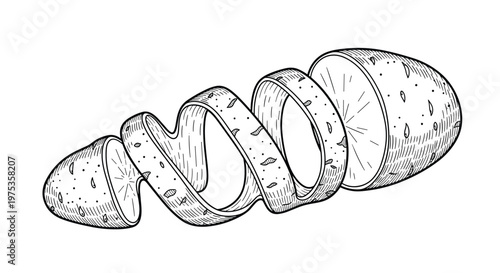 Hand drawn sketch of a potato with a continuous spiral peel being removed showing the raw inner flesh in a vintage engraving style.
