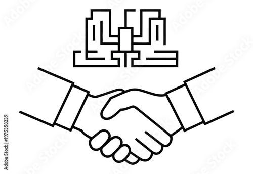 Blockchain business partnership handshake icon, symbolizing smart contracts, decentralized business deals, and secure financial