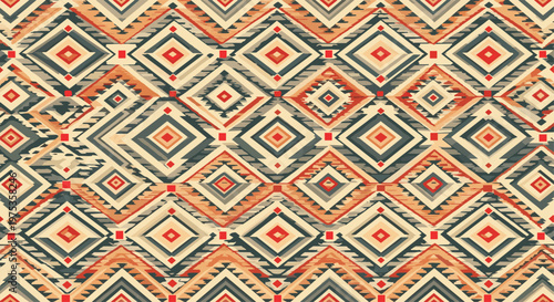 Seamless ethnic geometric pattern featuring diamond shapes and zigzag lines in earthy tones of orange, brown, and grey for textile design.