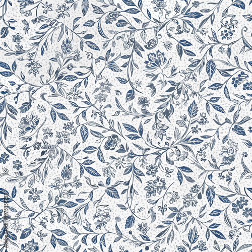 Intricate blue and white floral pattern covering a seamless background