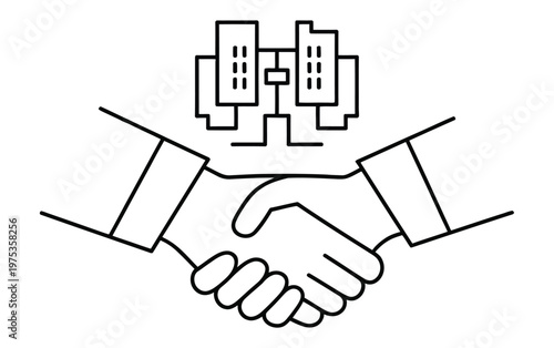 Blockchain business partnership handshake icon, representing digital contracts, decentralized agreements
