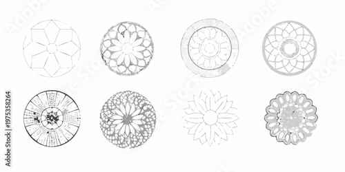Eight circular patterned designs arranged in a grid formation