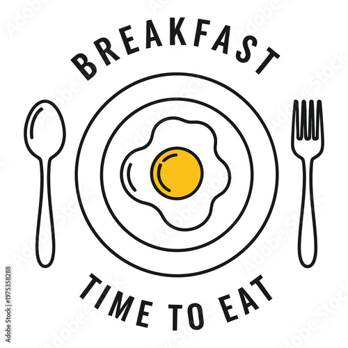 Fried egg on plate with spoon fork breakfast time to eat icon