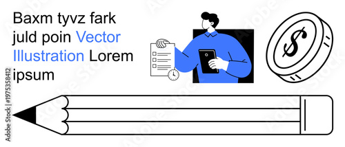 Business strategy, education, financial planning, teamwork, creative thinking, digital tools. Stylized elements include a coin, a large pencil and a person with a tablet. Education and financial