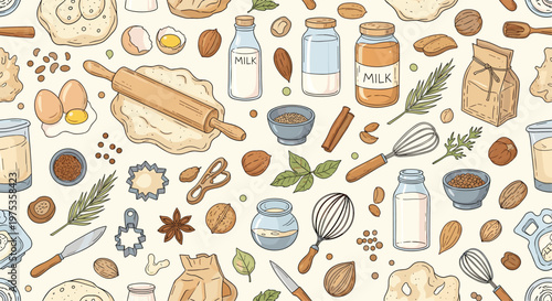 Charming seamless pattern featuring baking essentials like flour, eggs, rolling pin, whisk, milk, and various spices in a hand-drawn style.