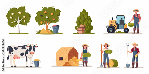 Cartoon farm scene depicting people animals and agricultural elements