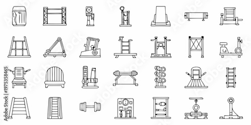 Collection of hand drawn linear icons depicting various gym and fitness equipment