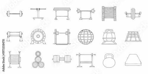 Line art illustration of various gym and fitness equipment layouts