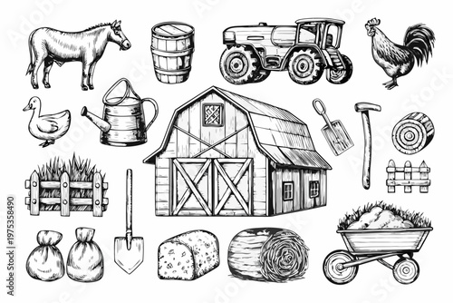 Vintage farm illustration featuring animals tools and a barn