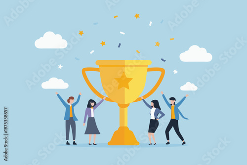 Team celebrates success with a golden trophy and falling confetti