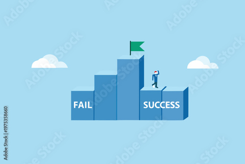 A businessman reaches the summit overcoming obstacles to achieve success