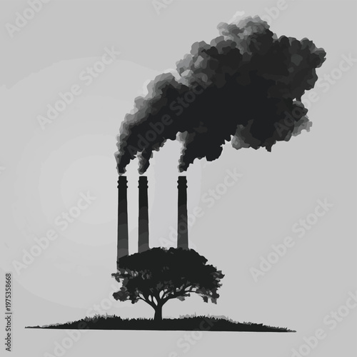 A black and white image of a factory emitting smoke with a tree in the foreground, highlighting pollution concerns.