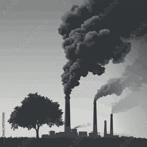 A black and white image of a factory emitting smoke with a tree in the foreground, highlighting pollution concerns.