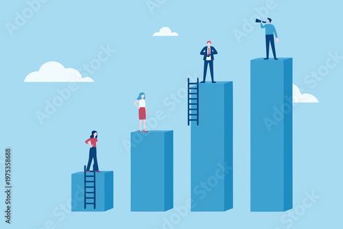 Businesspeople ascending bar graph steps symbolizing growth and career progression