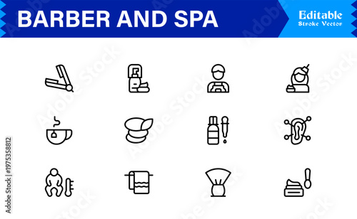 Barber Spa Salon Professional Line Icon Set – Modern Minimal Unique Haircare Grooming Essentials Outline Collection