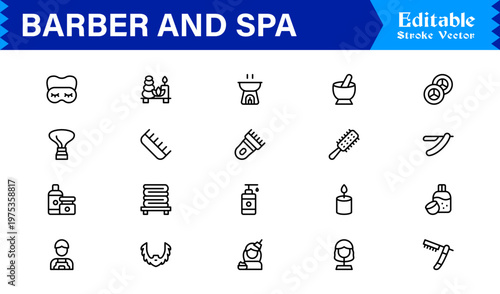 Barber Spa Salon Professional Line Icon Set – Modern Minimal Unique Haircare Grooming Essentials Outline Collection