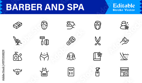 Barber Spa Salon Professional Line Icon Set – Modern Minimal Unique Haircare Grooming Essentials Outline Collection