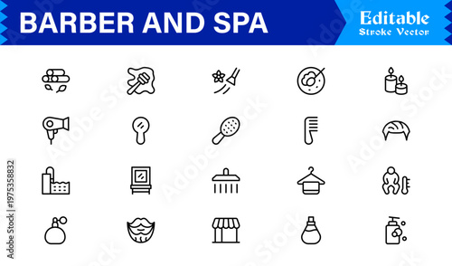 Barber Spa Salon Professional Line Icon Set – Modern Minimal Unique Haircare Grooming Essentials Outline Collection