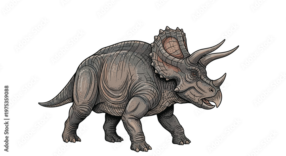 Fototapeta premium Detailed color illustration of a Triceratops dinosaur showing its characteristic three horns and bony frill in a realistic prehistoric style.