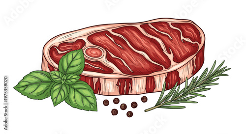 Realistic sketch of a raw beef steak garnished with fresh basil leaves, rosemary, and black peppercorns for a delicious meal preparation.