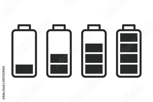 Set of battery level icons from empty to full charge representing energy levels, power status, and battery indicator. Suitable for UI, technology, apps, and energy or fatigue concepts.