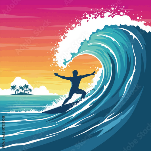 Surfer riding a massive wave at sunset with vibrant colors