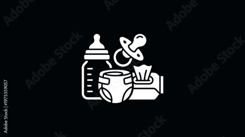 Baby Care Essentials Icon Set on Black Background
