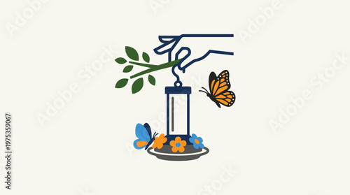 Butterfly Feeder with Hand Branch and Flowers