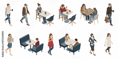 Isometric illustration depicting people socializing and enjoying outdoor cafe scenes