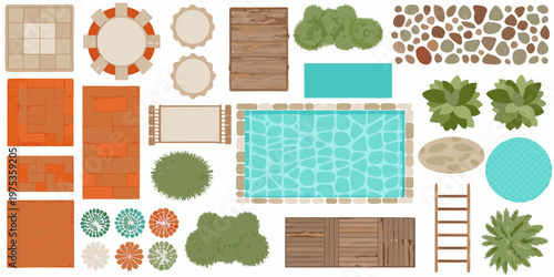 Aerial view of landscape elements pools trees and garden features