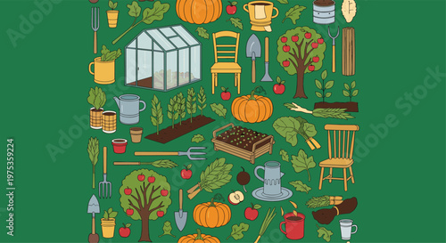 Detailed green background pattern featuring gardening items like a greenhouse, plants, pumpkins, tools, and garden furniture.